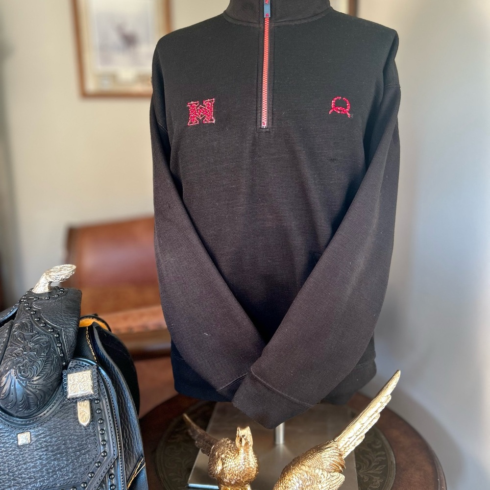 Harris Cinch Black Quarter Zip Sweater with Red Embridery and Precious Crystals